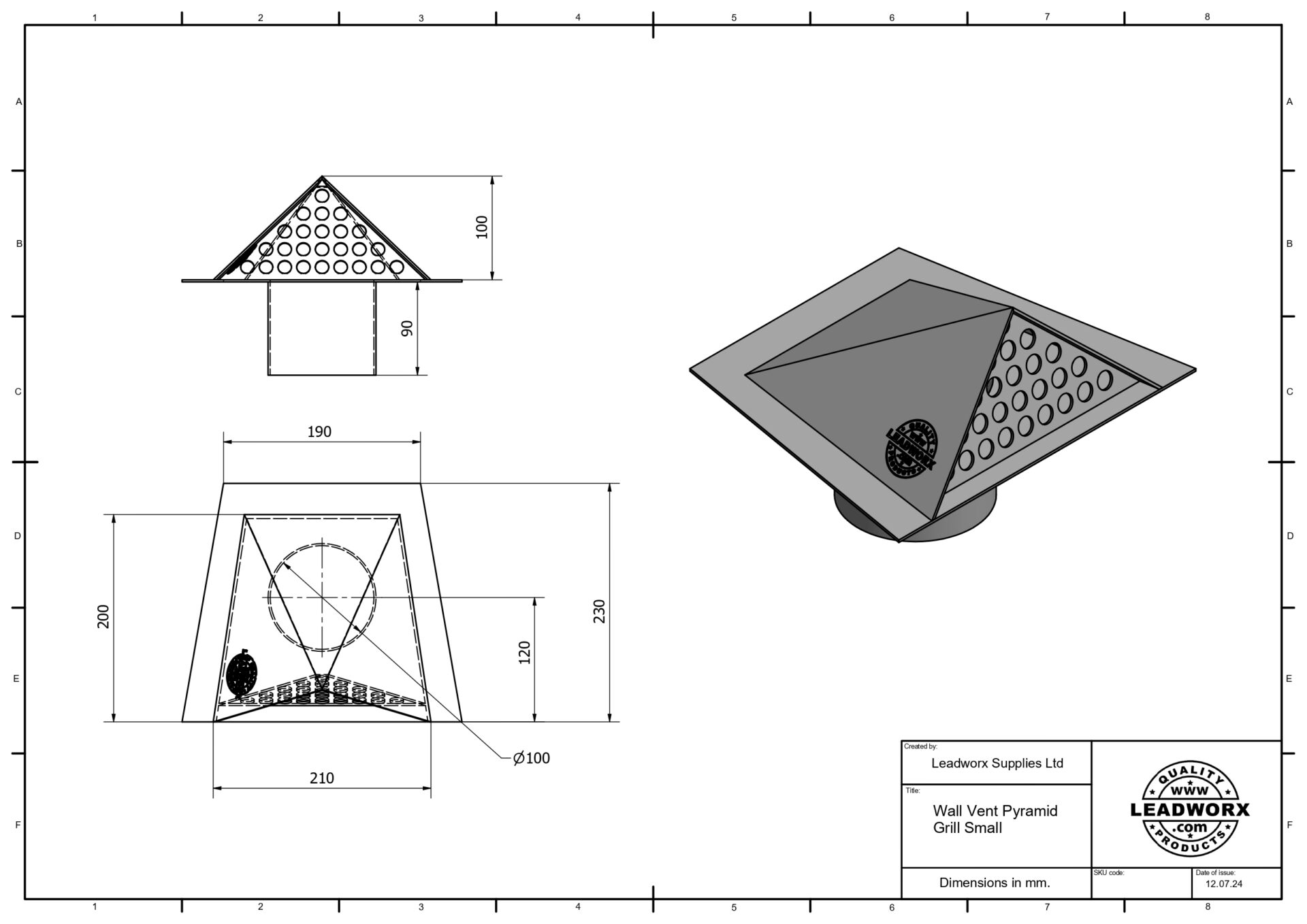 Wall Vent Pyramid Grill Small Specifications
